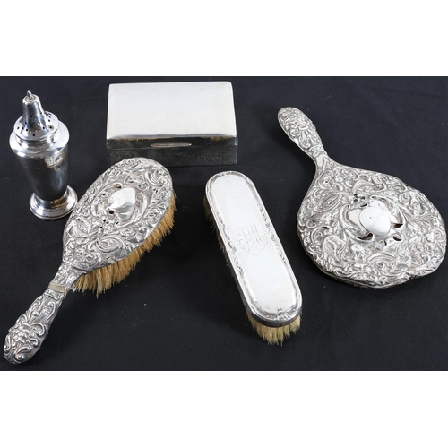 648 - A SILVER LIDDED BOX together with silver backed dressing table brushes, etc. (5)