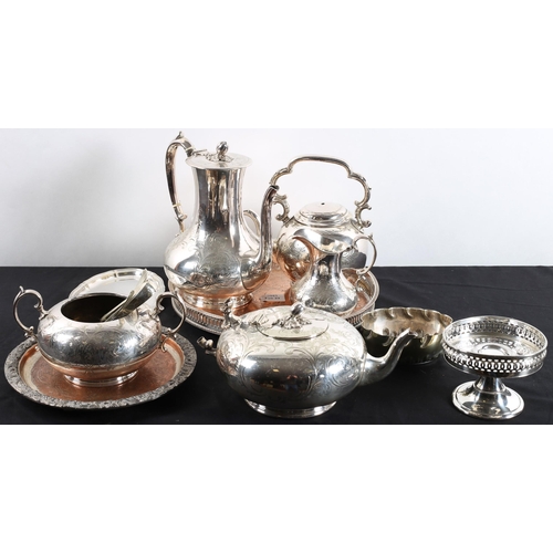 650 - A FIVE PIECE SILVER ENGRAVED TEA AND COFFEE SERVICE together with a silver plate on copper gallery t... 