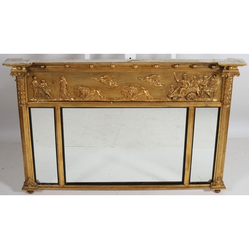 663 - A REGENCY DESIGN GILTWOOD AND GESSO COMPARTMENTED OVERMANTLE MIRROR of inverted breakfront outline t... 