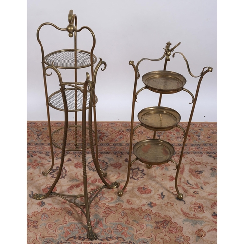 67 - TWO VINTAGE BRASS THREE TIERED CAKE STANDS together with a jardinière stand (3)  (h) 88 cm