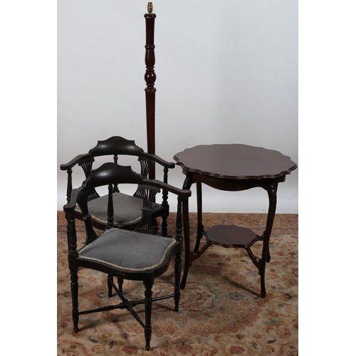 672 - A PAIR OF VINTAGE EBONISED CORNER CHAIRS together with a vintage mahogany occasional table, etc. (4)