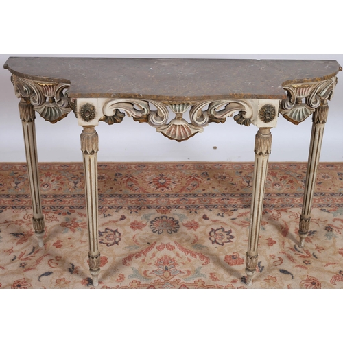 681 - A CONTINENTAL WHITE PAINTED AND PARCEL GILT CARVED WOOD CONSOLE TABLE of rectangular breakfront outl... 