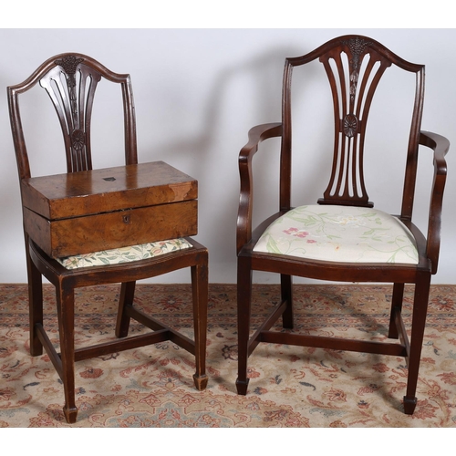 685 - A 19TH CENTURY WALNUT STATIONERY BOX, a Hepplewhite design mahogany elbow chair together with a sing... 