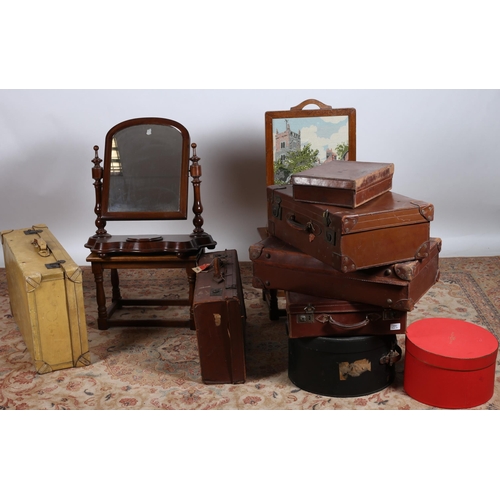 687 - A MISCELLANEOUS COLLECTION to include six vintage suitcases, a pair of oak occasional tables, hat bo... 