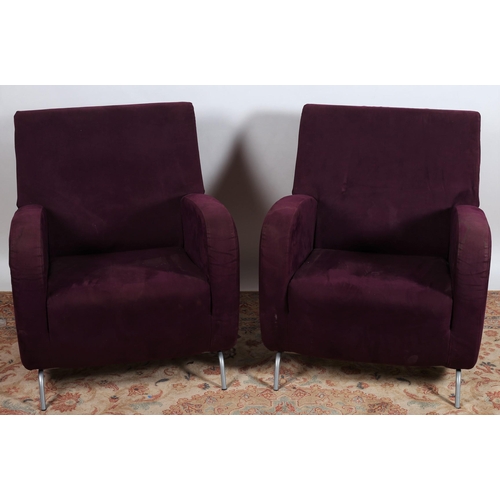 693 - A PAIR OF DESIGNER ARMCHAIRS each with a rectangular upholstered back and seat and curved arms on tu... 