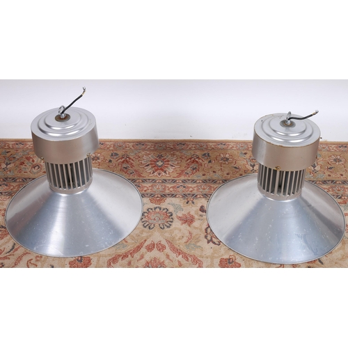 694 - A PAIR OF VINTAGE ALUMINIUM CENTRE LIGHTS each with a dome shaped shade 
43cm (h) x 50cm (d)