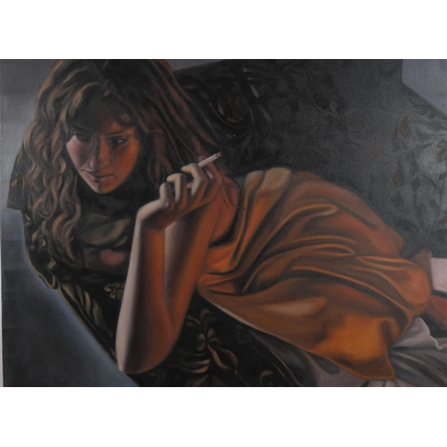 773 - STUDY OF A FEMALE reclining with cigarette
Oil on canvas
91cm (h) x 120cm (w) 
Unframed