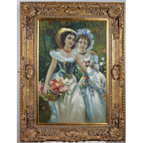 775 - CONTINENTAL SCHOOL 
FULL LENGTH PORTRAIT OF TWO FEMALES in a garden setting, one holding a basket of... 