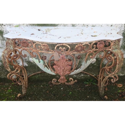 810 - A WROUGHT IRON CONSOLE TABLE of serpentine outline surmounted with a white veined marble top above a... 