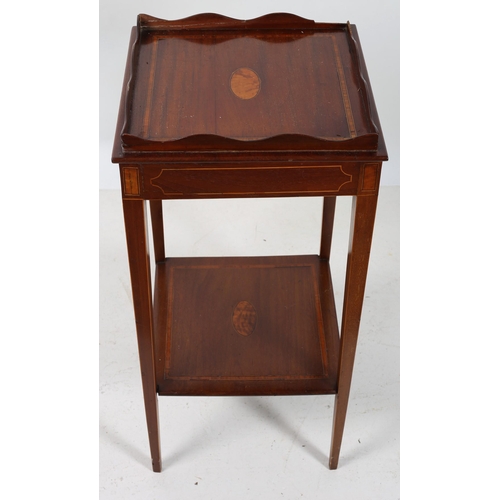 875 - A SHERATON DESIGN MAHOGANY AND SATINWOOD INLAID TWO TIER OCCASIONAL TABLE of rectangular outline wit... 