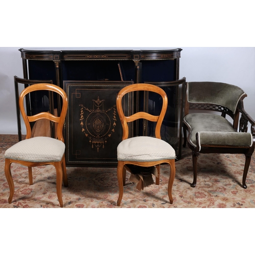 884 - A 19TH CENTURY EBONISED BOX WOOD INLAID AND GILT BRASS MOUNTED SIDE CABINET of rectangular bowed out... 