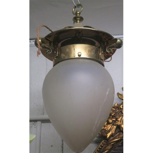 898 - TWO VINTAGE BRASS AND OPAQUE GLASS CENTRE LIGHTS each with a dome shape corona with scroll decoratio... 