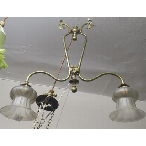 902 - A VINTAGE BRASS TWO BRANCH CHANDELIER with scroll arms and frosted glass vase shaped shades 
54cm dr... 