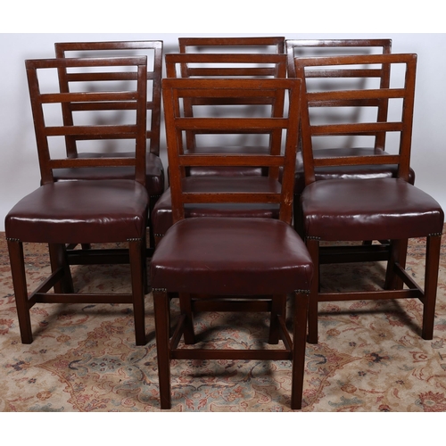 950 - A SET OF SEVEN 19TH CENTURY MAHOGANY AND HIDE UPHOLSTERED DINING CHAIRS each with ladder back above ... 