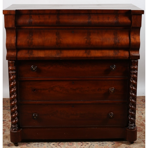 232 - A 19TH CENTURY MAHOGANY SCOTTISH CHEST of rectangular breakfront outline the shaped top above five l... 