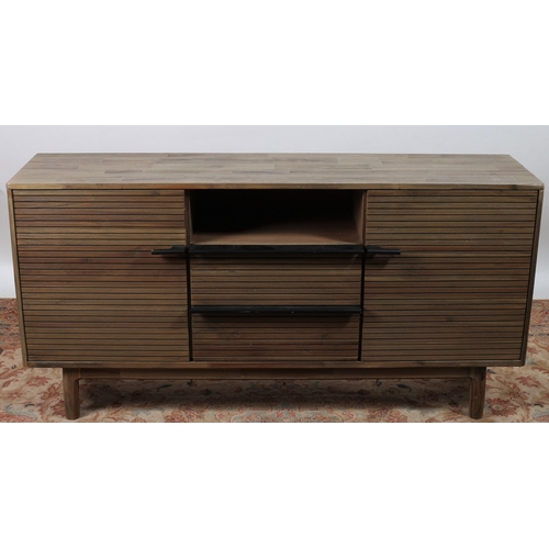 633 - A CONTEMPORARY STAINED WOOD AND EBONISED SIDE CABINET of rectangular outline the shaped top above an... 