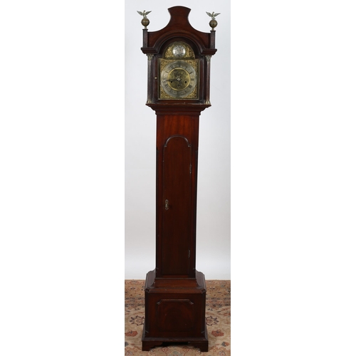 85 - A GEORGIAN MAHOGANY GRANDMOTHER CLOCK the architectural pediment with a brass and silvered dial with... 