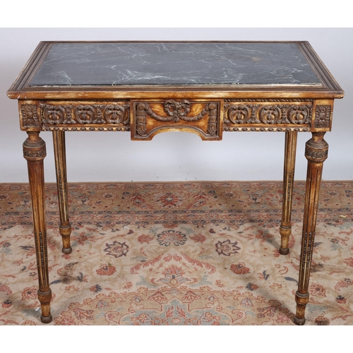 91 - A CONTINETNAL CARVED STAINED WOOD AND MARBLE CENTRE TABLE of rectangular outline inset with a green ... 