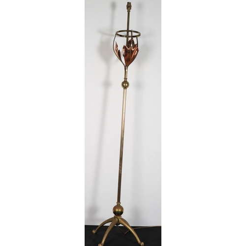 100 - AN ART DECO DESIGN BRASS AND COPPER STANDARD LAMP the reeded and knopped column on quadruped splayed... 