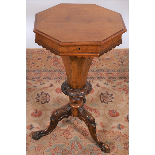 29 - A 19TH CENTURY MAHOGANY WORK TABLE of octagonal outline the shaped lid with well compartment raised ... 