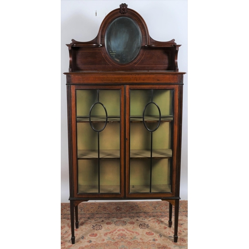 31 - AN EDWARDIAN MAHOGANY AND SATINWOOD INLAID CHINA DISPLAY CABINET of rectangular outline the superstr... 