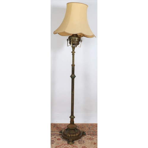 49 - A 19TH CENTURY BRASS STANDARD OIL LAMP (converted to electric), the reeded column above a lobed spre... 