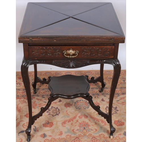 11 - A VINTAGE MAHOGANY ENVELOPE CARD TABLE of square outline with hinged leaves and baize lined interior... 