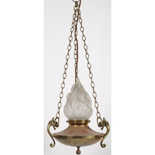 614 - A VINTAGE BRASS CENTRE LIGHT the circular dish surmounted by a frosted glass flame shade with chain ... 