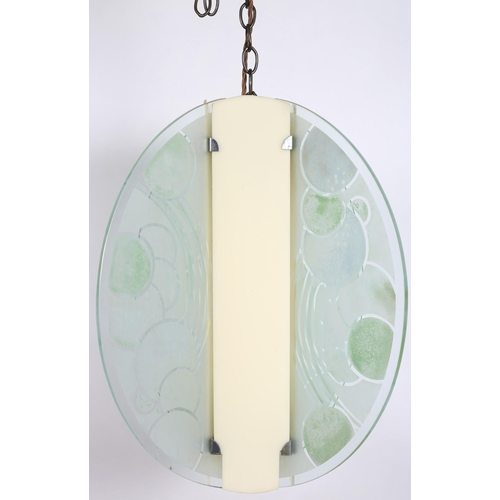 618 - AN ART DECO FROSTED GLASS AND CLEAR GLASS CENTRE LIGHT with demi lune shaped shades and simulated iv... 