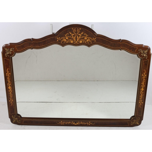 635 - A CONTINENTAL WALNUT MARQUETRY AND GILT BRASS OVERMANTLE MIRROR the rectangular shaped bevelled glas... 