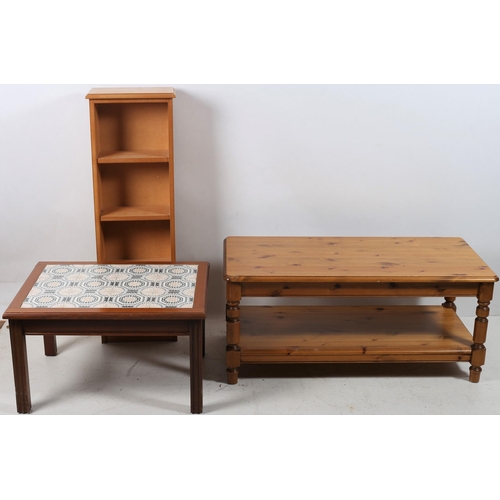 744 - A PINE TWO TIER COFFEE TABLE together with a tile top coffee table and a beechwood open front booksh... 