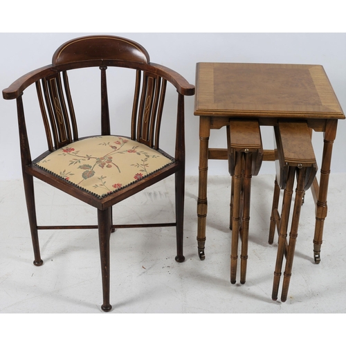 745 - ****WITHDRAWN****
A VINTAGE MAHOGANY CORNER CHAIR together with a nest of three walnut crossbanded t... 