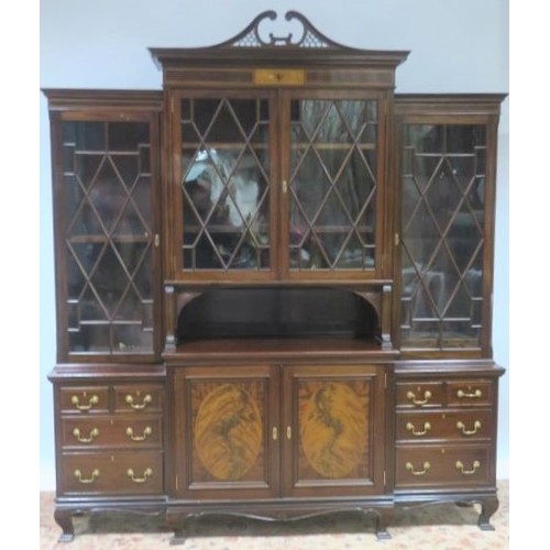 83 - A VERY FINE 19TH CENTURY MAHOGANY INLAID BREAK FRONT LIBRARY BOOKCASE by Lambe of Manchester the arc... 