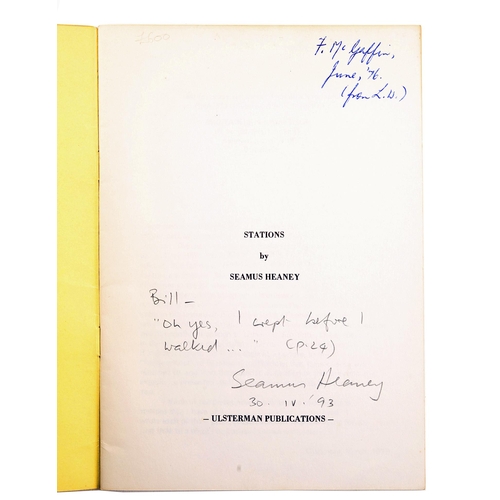 145 - Heaney, Seamus. Stations, Ulsterman Publications, Belfast, 1975, signed 'Seamus Heaney' and inscribe... 