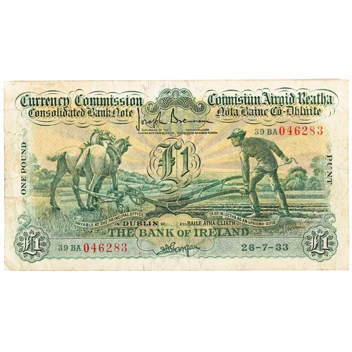 265 - Banknotes. Ireland, Currency Commission Consolidated Banknote, 'Ploughman' The Bank of Ireland, One ... 