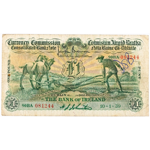 266 - Banknotes. Ireland, Currency Commission Consolidated Banknote, 'Ploughman' The Bank of Ireland, One ... 