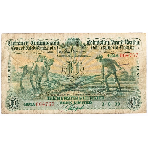 267 - Banknotes. Ireland, Currency Commission Consolidated Banknote, 'Ploughman' The Munster & Leinster Ba... 