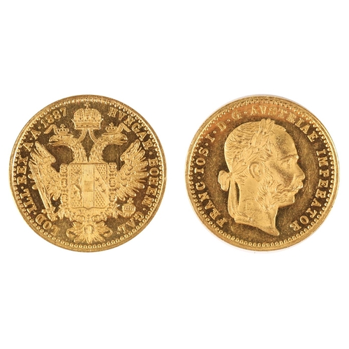 273 - Coin. Austrian Franz Joseph one Ducat gold coin, 1887, laureate portrait reverse, arms within double... 