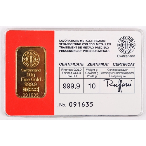 274 - A 10 gram gold ingot, 999.9 fineness, numbered 091635, assayed by Argor Heraeus SA, Switzerland, in ... 