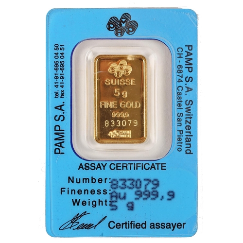 275 - A 5 gram gold ingot, 999.9 fineness, numbered 833079, assayed by PAMP SA, Switzerland, in sealed pou... 