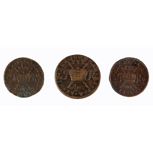 280 - James II 'Gunmoney' Three halfcrowns gunmoney pieces, 1690 April (large) and 1690 May (2) VG to F.