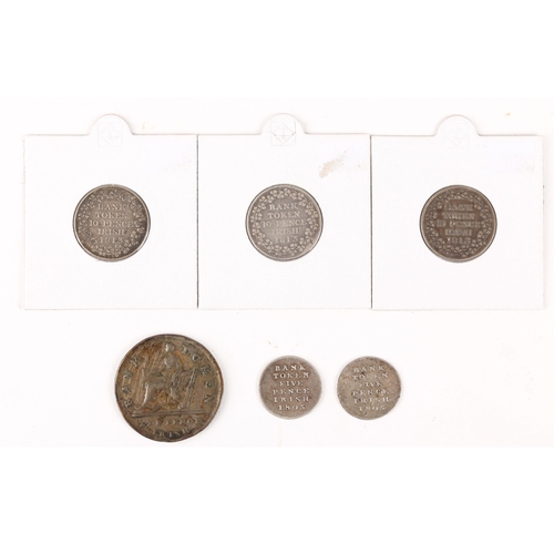 281 - Collection of six various silver Irish bank tokens. Two 1805 Five Pence Irish; three 1810 Ten Pence ... 