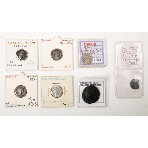 287 - Roman Denarii. M. Marcius, Denarius, c. 134, helmeted Roma right, modius behind, x below chin, r. Vi... 