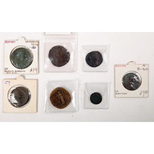 289 - Collection of seven bronze Roman coins, Marcus Aurelius, Egypt dracham; Marcus Aurelius, Sestertius;... 