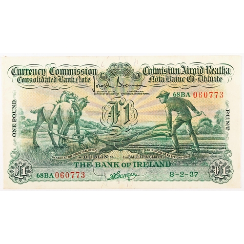 291 - Banknotes. Ireland, Currency Commission Consolidated Banknote, 'Ploughman' The Bank of Ireland, One ... 