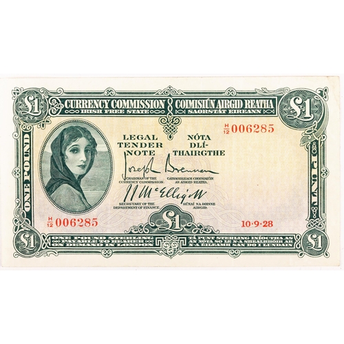 292 - Currency Commission Lady Lavery, One Pound, 10.9.28, first date of issue, H/12 006285, signed McElli... 