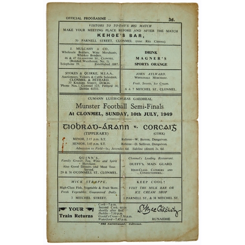 335 - Gaelic Athletic Association, GAA, Munster Football Semi-Finals, official programme, 10 July 1949, Ti... 