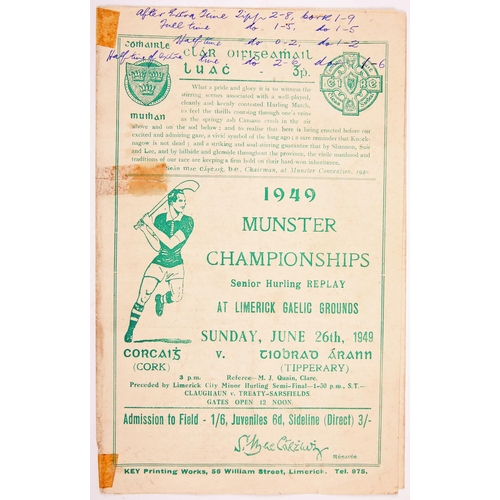 340 - Gaelic Athletic Association, GAA, 1949 Munster Hurling Final Replay, 26 June, official programme, Co... 