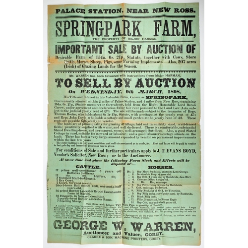 9 - Victorian Auction Posters, advertising the sale by auction of Springpark Farm, Palace Station, near ... 