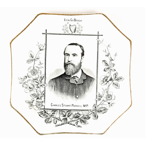 21 - 1886 Charles Stewart Parnell commemorative plate. Of octagonal form, the ivory ground centred by a p... 